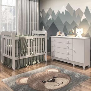 Quarto de Bebê Cômoda 4 Gavetas com Fraldário Taís Berço 3 em 1 Lila Branco Amadeirado Carolina Baby