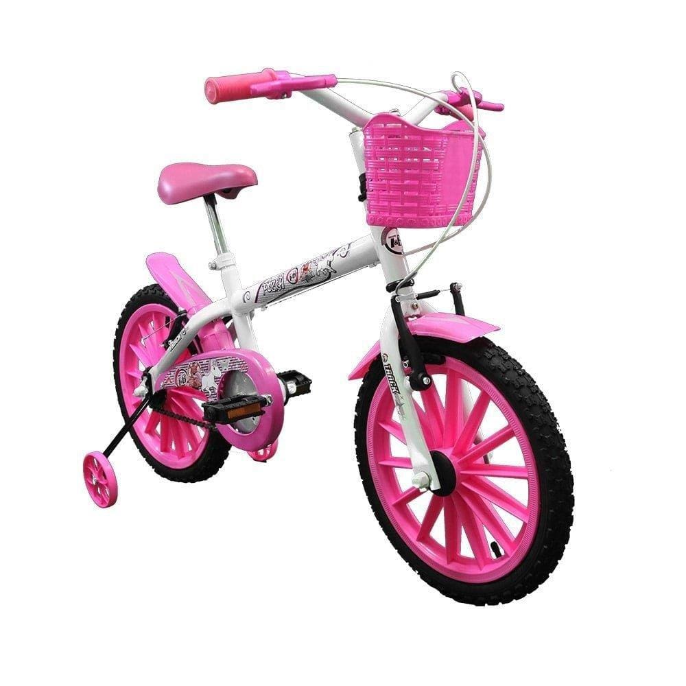 Bicicleta Infantil Track Bikes PINK WR com Cestinha e Rodinhas, Aro 16 Branco e Rosa
