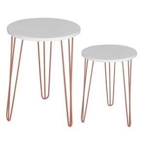 Kit 2 Mesas Redondas Tampo Mdf Branco Pés Ferro Metal Rosê