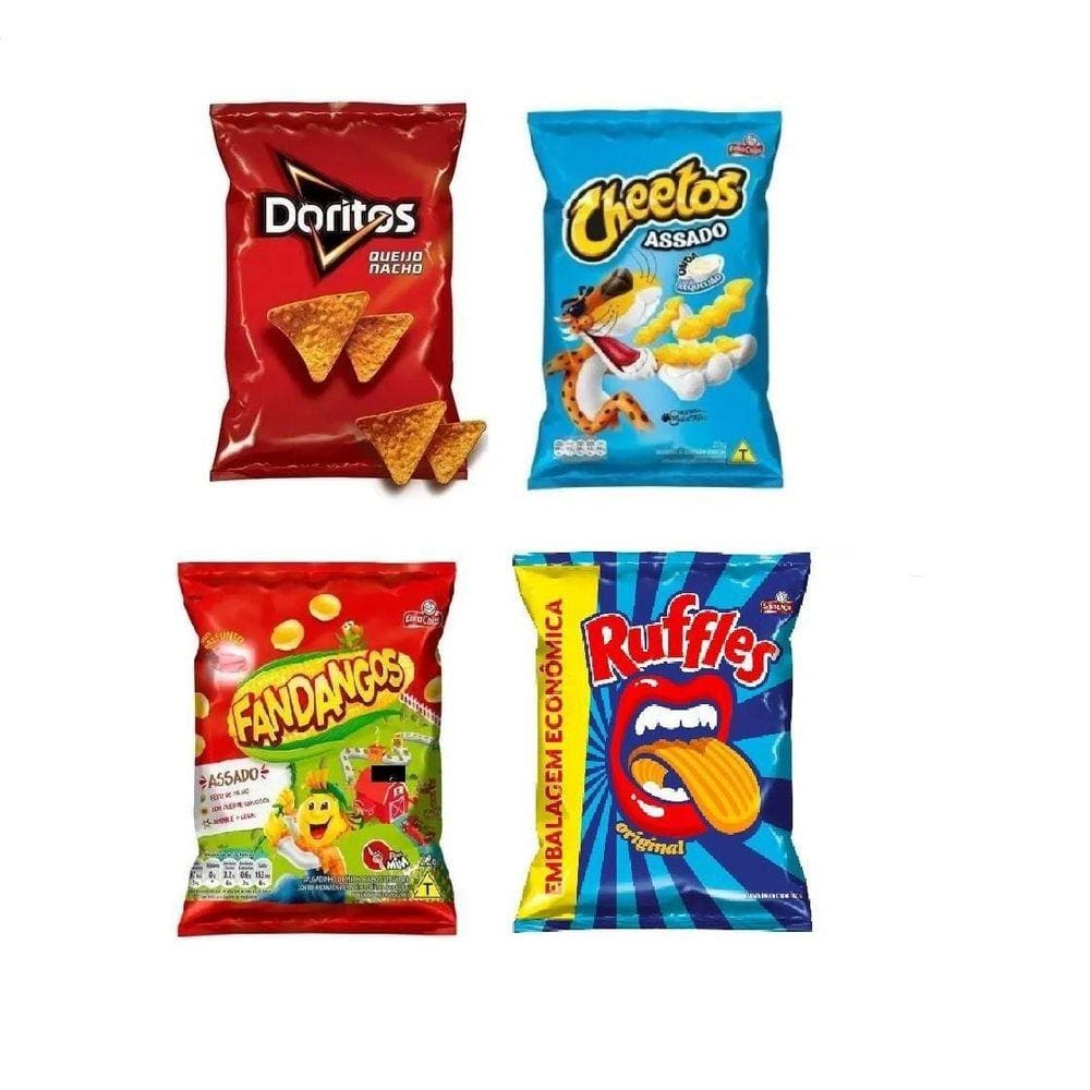 Salgadinhos Cheetos requeijão + Fandangos presunto caixa 30un