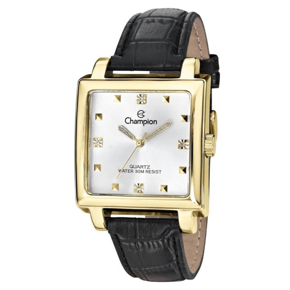 Relógio Feminino Dourado Quadrado Champion Pulseira Couro+Nf