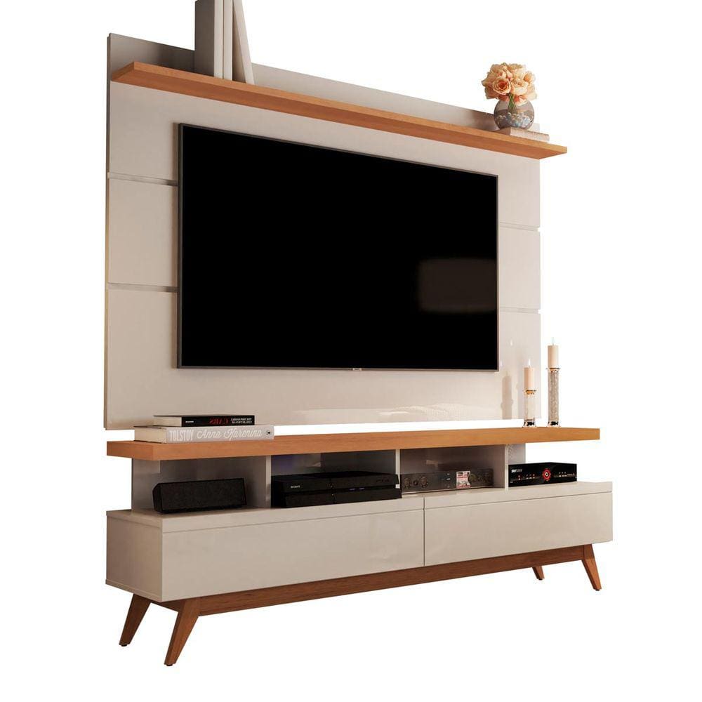 Rack com Painel Vivare Wood 1.6 Off White com Nature - Germai Móveis