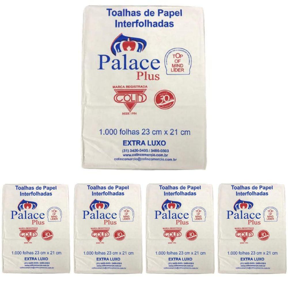 Papel Toalha Folha Simples Interfolha Extra Luxo 23cm x 21cm 1000fls - Palace Plus Papier - Kit com 05 pacotes