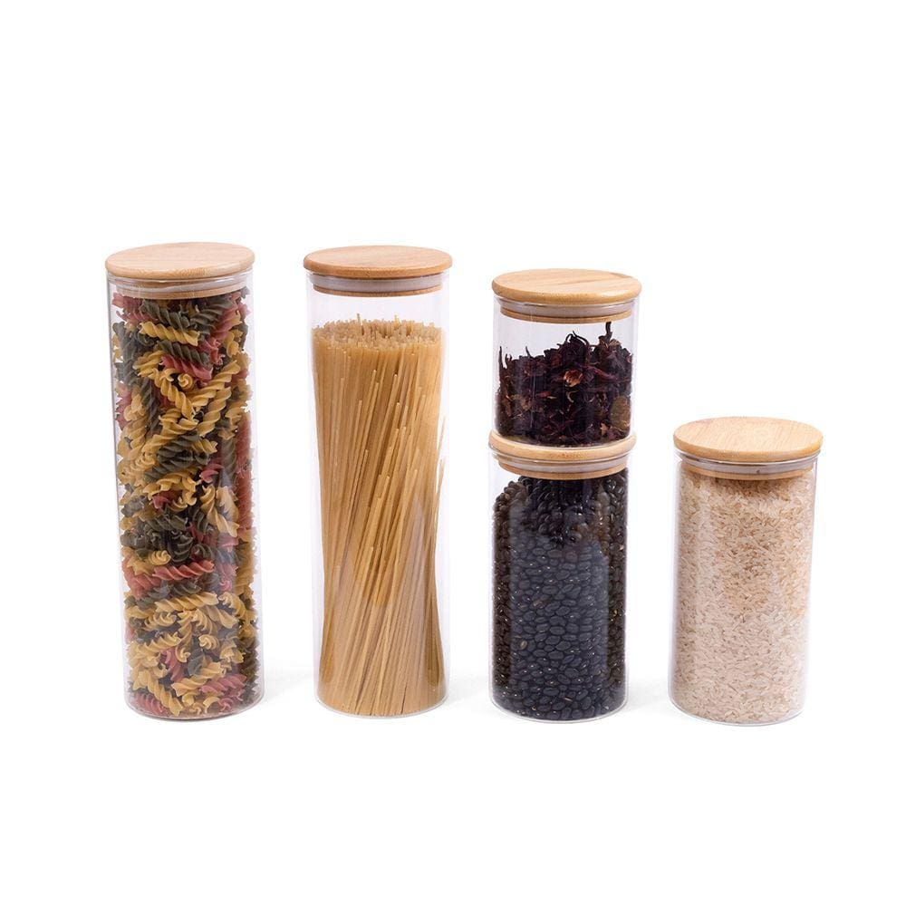 Kit Potes de Mantimentos 2000/1100/500ML Tampa Bambu - 5PÇS