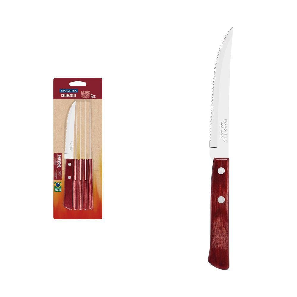 Conjunto de Facas para Churrasco Tramontina 5" em Aço Inox com Cabo Vermelho Polywood 6 Peças Tramontina