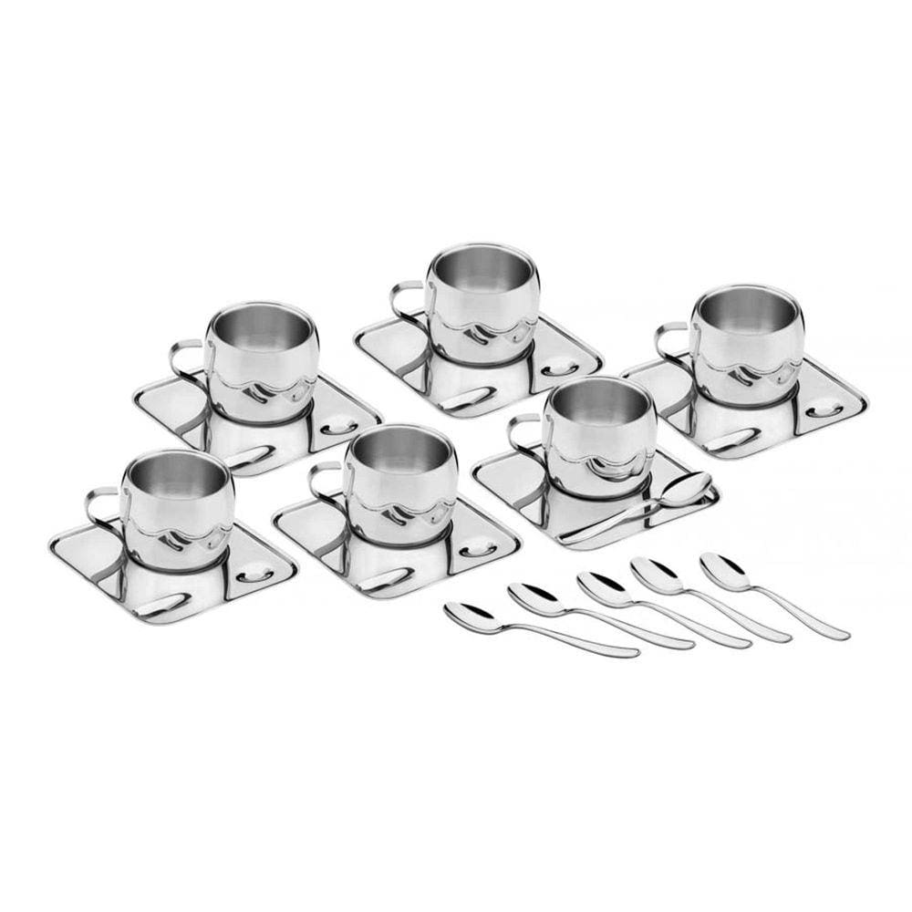 Kit para Café Tramontina em Aço Inox Acabamento Brilho com Xícara Pires Quadrado e Colher 18 Peças Tramontina