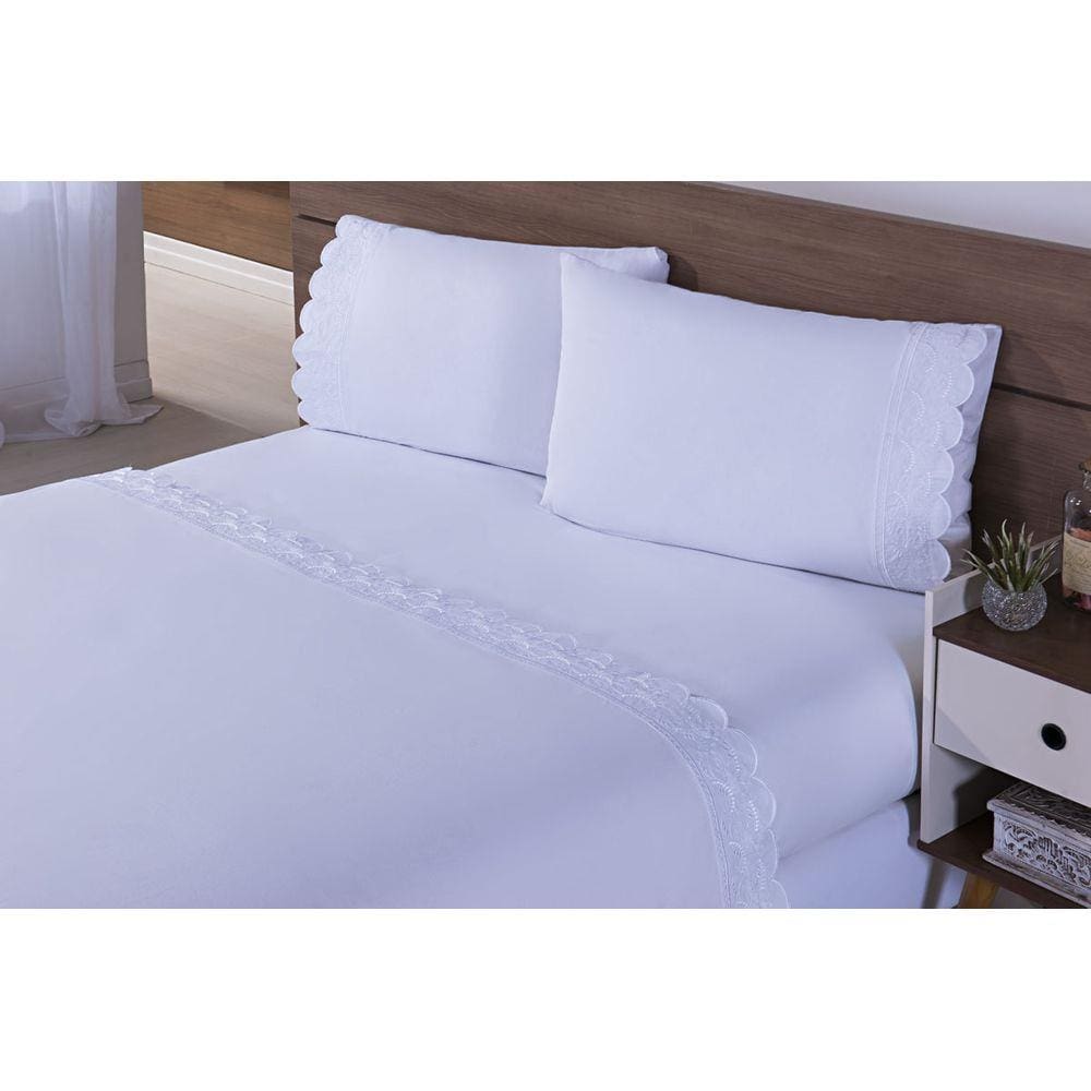 Jogo Lençol 4 Peças Cama Viúva Percal 200 Fios Bordado