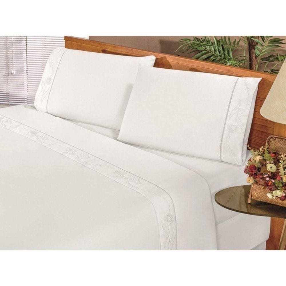 Jogo De Lençol Branco Imperial Queen 4 Peças Em Algodão