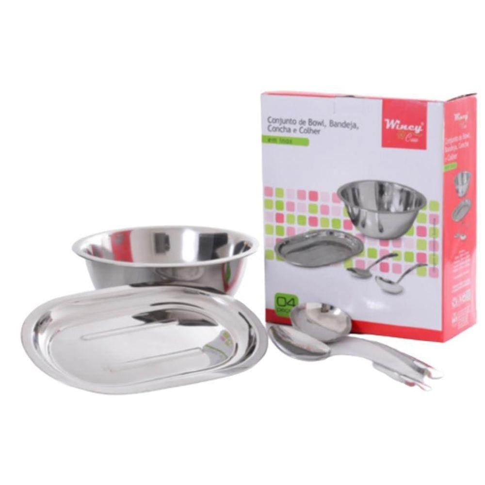 Conjunto De Bowl Bandeja Concha EColher Inox 4 Peças Wincy