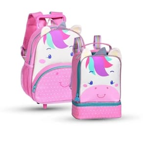 Kit Mochila Carrinho Infantil+Lanch Térmica Unicornio -Rosa