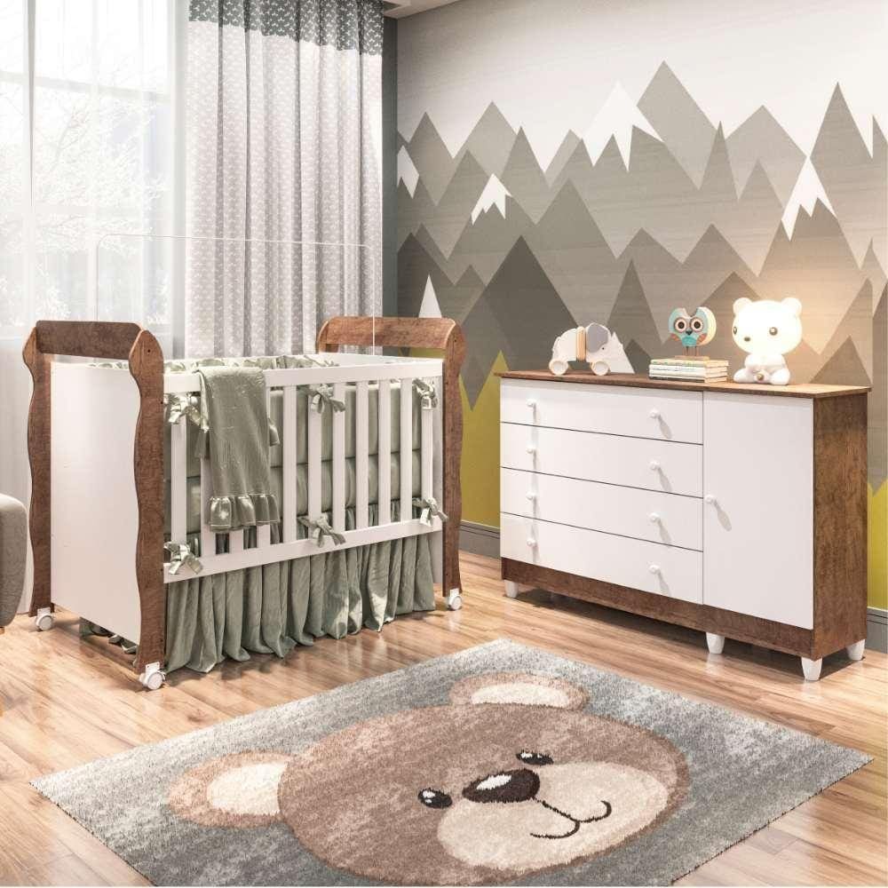 Quarto de Bebê Cômoda 4 Gavetas com Fraldário Taís Berço Mini Cama Mirelle Branco Amadeirado Carolina Baby