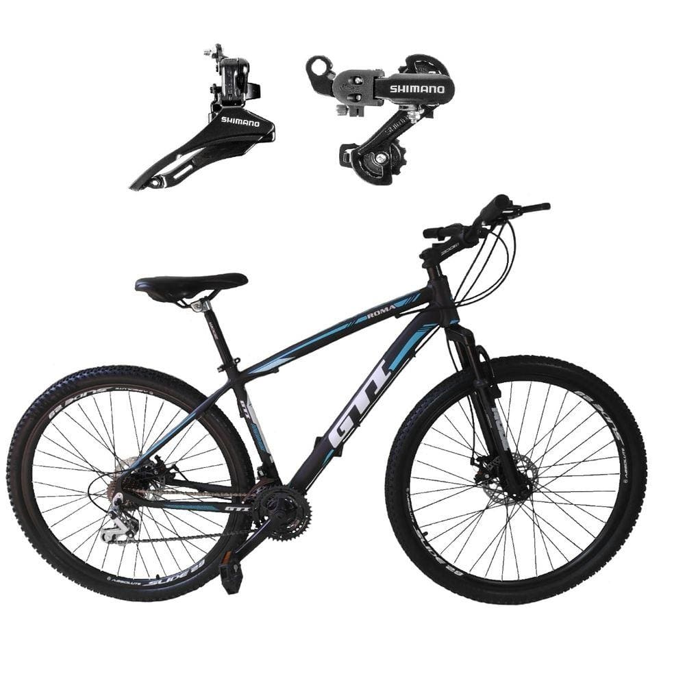 Bicicleta Aro 29 Gti Roma Alumínio Câmbios Shimano 21v Freio A Disco Garfo Suspensão - Preto/Azul