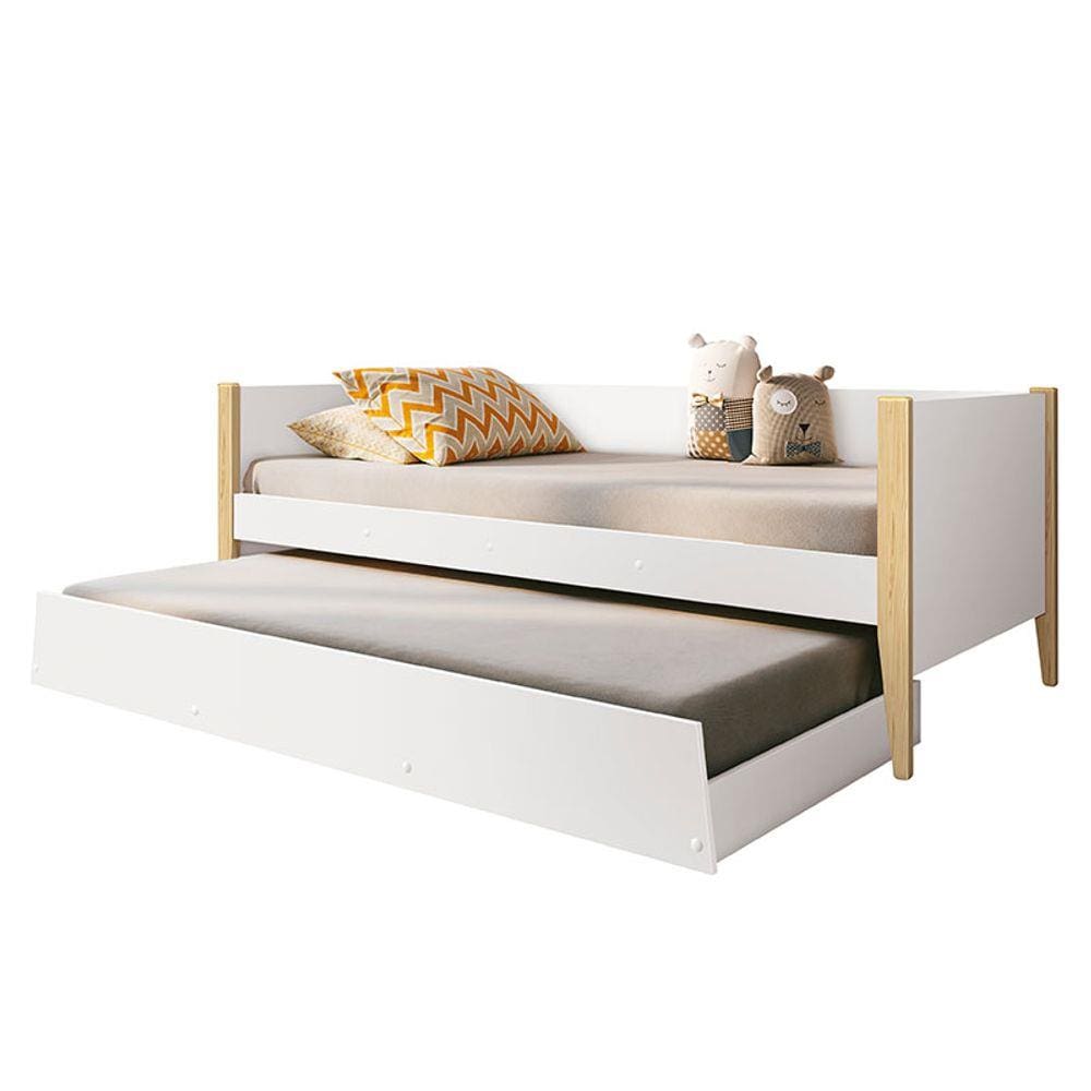 Bicama Solteiro Noah Branco Acetinado com Pés Madeira Natural - Reller