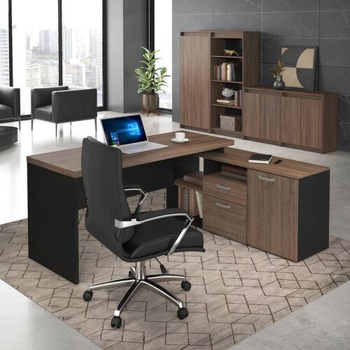 Mesa Diretor Em L Escritório 170 cm Home Office 2 Gavetas 1 Porta Marrom Preta Menor preço em Mesa Diretor Em L Escritório 170 cm Home Office 2 Gavetas 1 Porta Marrom Preta