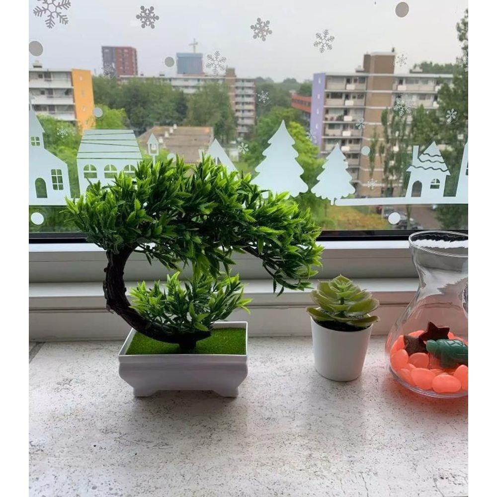 Vaso Planta Artificial Bonsai Flores Arco Ramo Folhas Verde