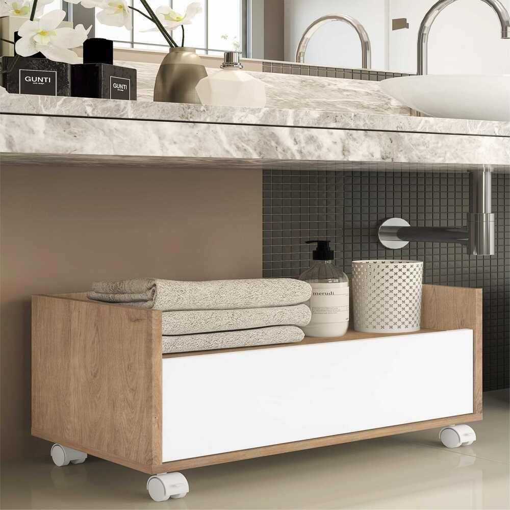 Gabinete Armário Banheiro 80 cm c/ Rodízios Multimóveis Rustic/Branco