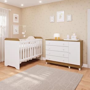 Quarto de Bebê Cômoda 4 Gavetas com Fraldário Taís Berço 3 em 1 Gabrielle Branco Amadeirado Carolina Baby