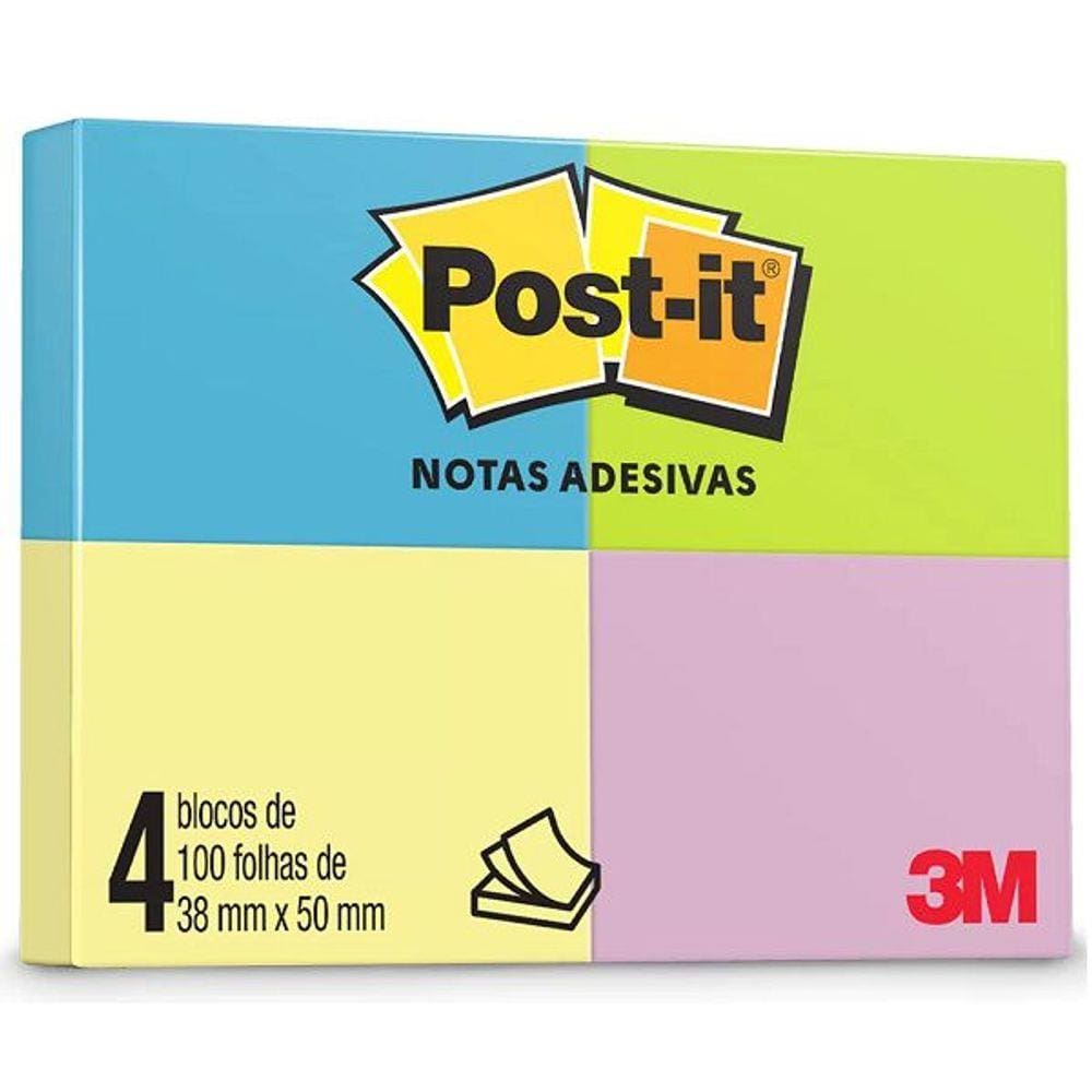 POST-IT 653 Neon 4 Cores 4 Blocos 100 Folhas Cada 38MM X 50MM 3M