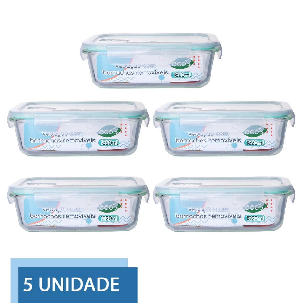 Conjunto 5 Pote Vidro Hermético Tampa Mantimentos 1520ml