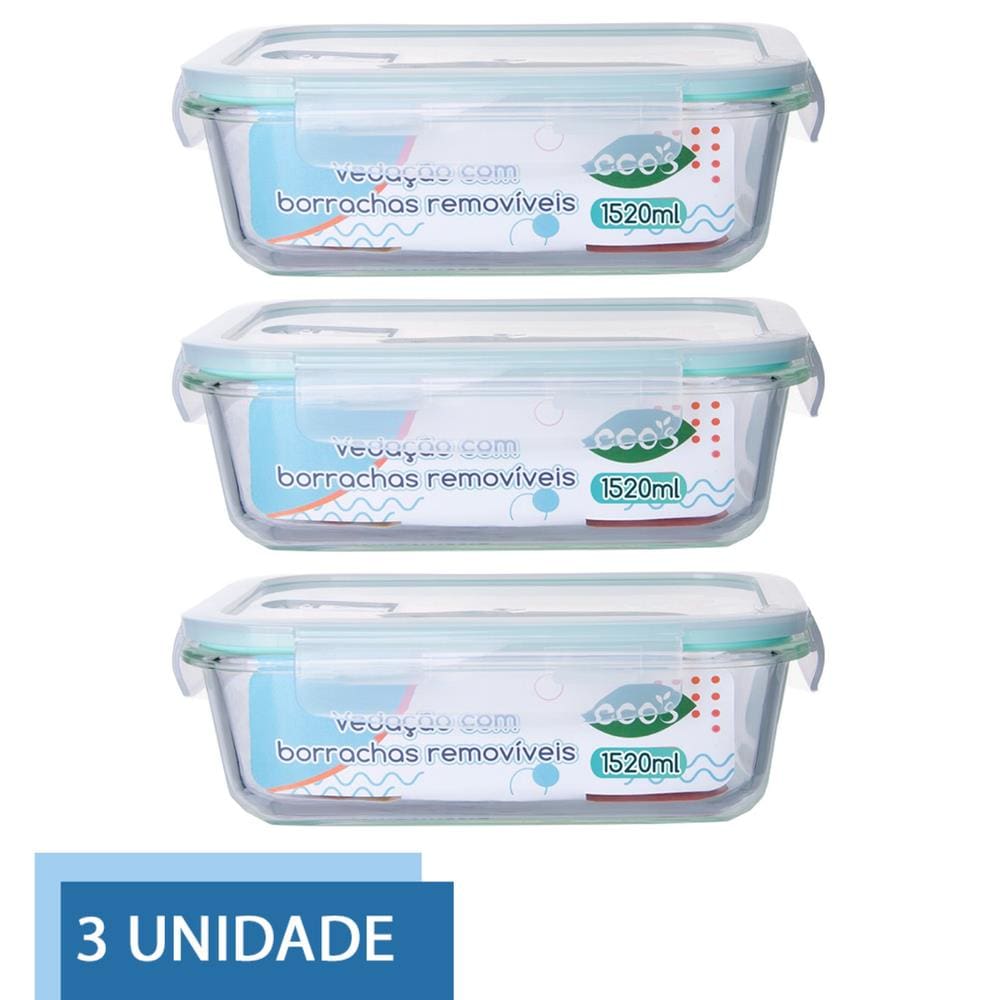 Conjunto 3 Pote Vidro Hermético Tampa Mantimentos 1520ml