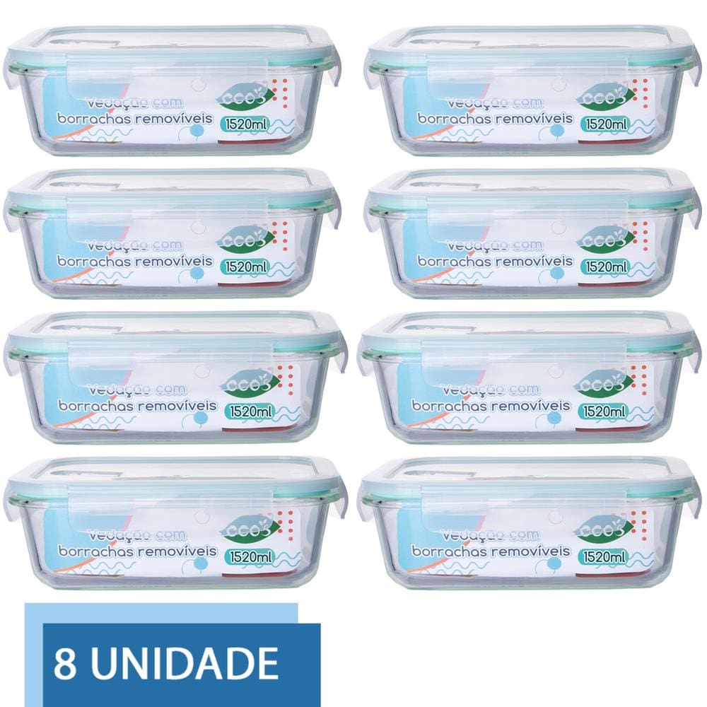Conjunto 8 Pote Vidro Hermético Tampa Mantimentos 1520ml