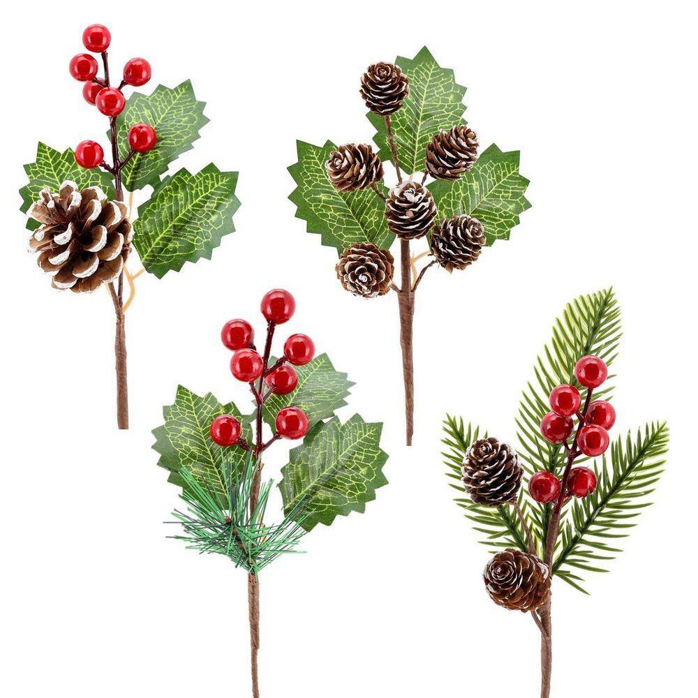 Kit Galho De Natal Folhas Pick Berries e Pinhas 22cm 4 Unidades - Magizi