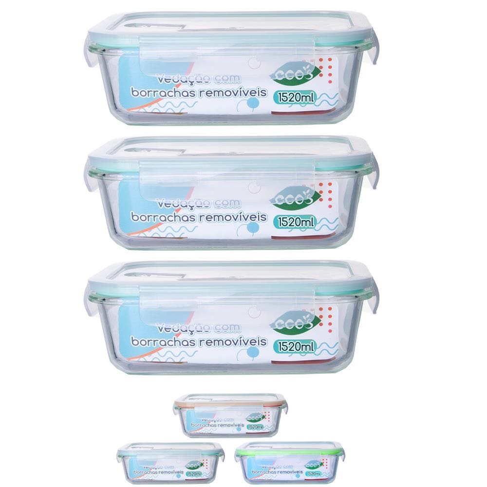 Jogo 3 Pote de Vidro Hermético Marmita Tampa 4 Travas 1520ml