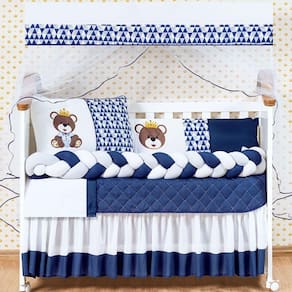 Kit Berço Menino 11 Peças Com Saia Ursinho Rei Azul Marinho