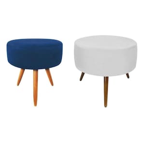 Puff Banqueta Magnus Redondo Branco Azul Pés Castanho 2Peças