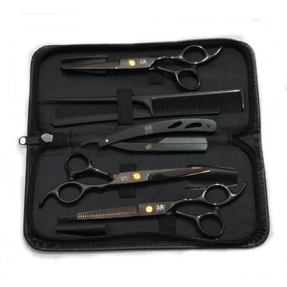 Kit 3 Tesoura Preta Fio Laser Fio Navalha Desfiadeira Estojo