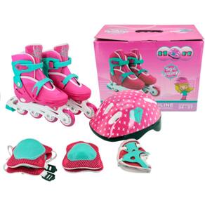 Patins Inline Rosa+kit Proteção Aventura 34/37 - Unitoys