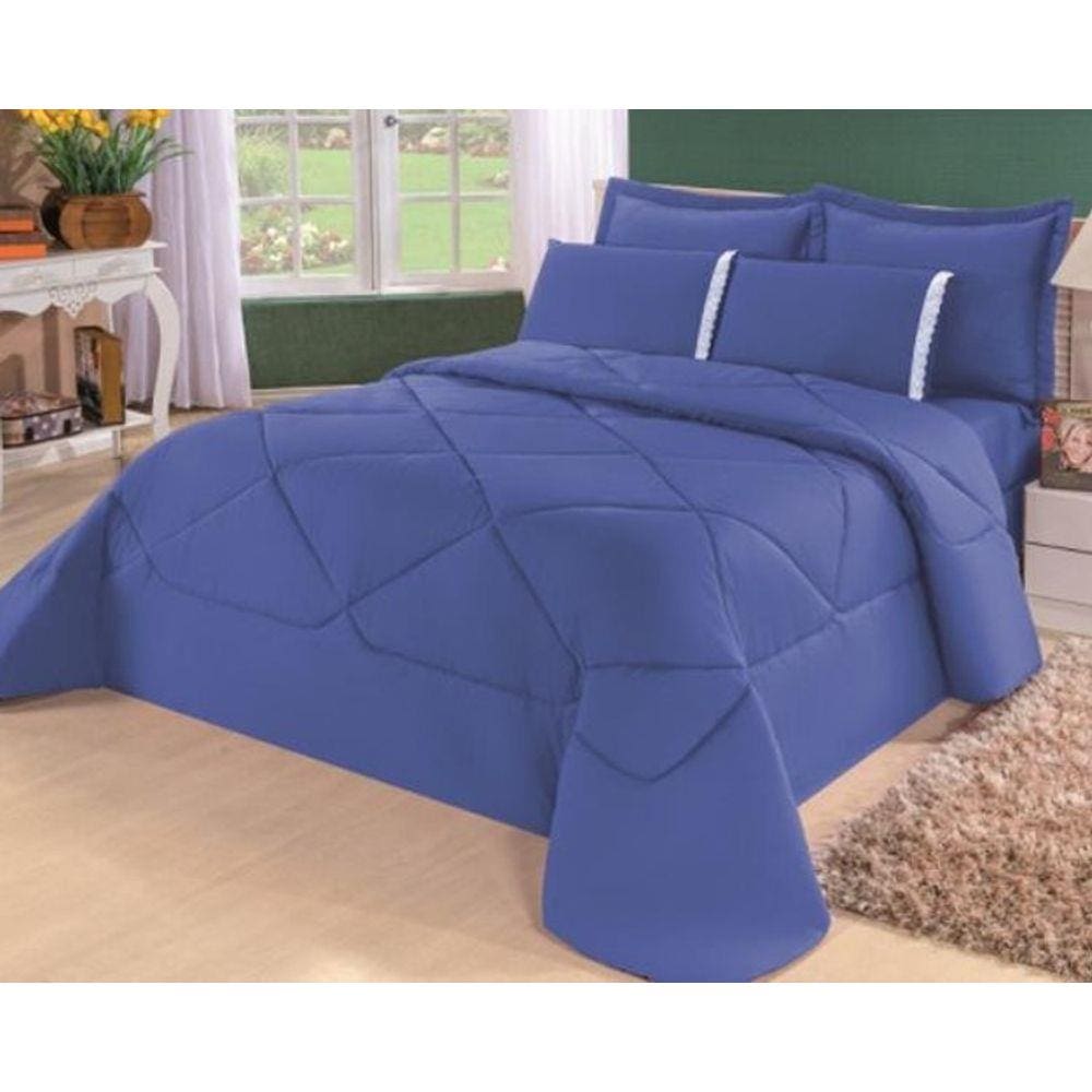 Edredom Queen + Lençol Conforto Dupla Face 6Pçs Azul
