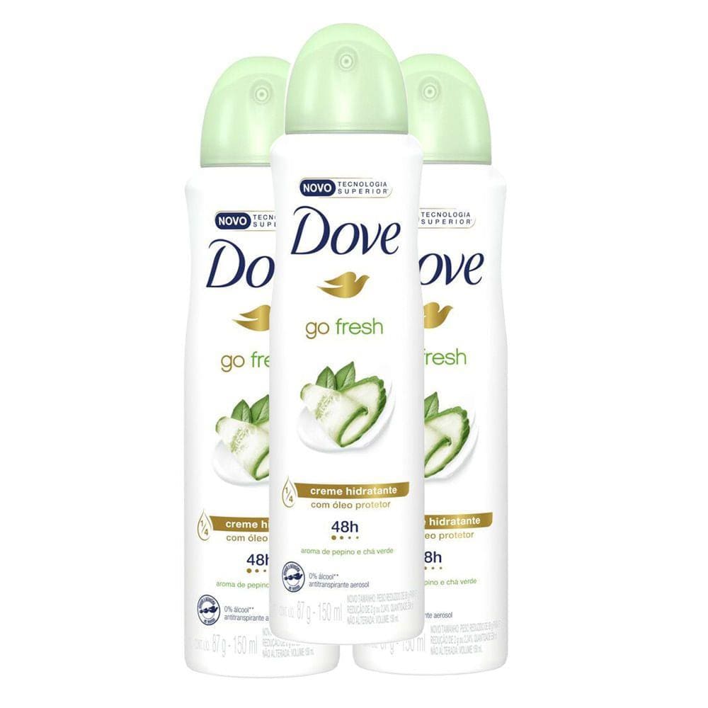 Kit 3X Desodorante Antitranspirante Aerosol Dove Go Fresh Pepino e Chá Ve