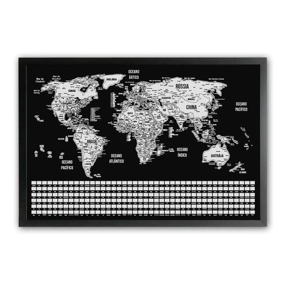 Mapa Mundi De Raspar Raspadinha Bandeiras 73X50 Com Moldura