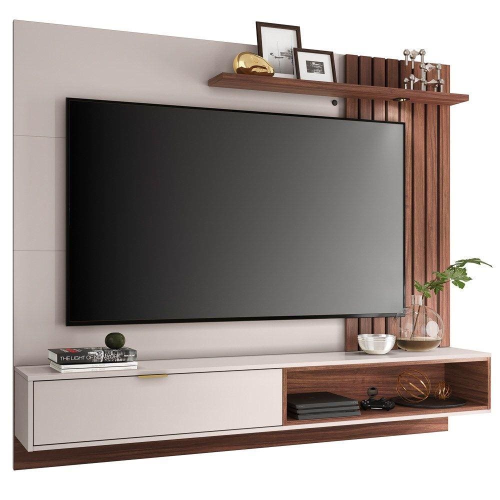 Painel Bancada Suspensa Para TV até 65 Pol. 180cm Ripado Palmas C05 Off White/Nogueira - Mpozenato