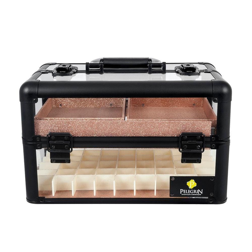 Maleta Maquiagem Joias Alumínio e Acrílico Pelegrin PEL-M1018 Preta e Rose Gold