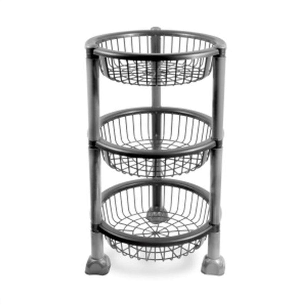 Fruteira Plástica Redonda Cozinha 3 Andares Silver Black MB