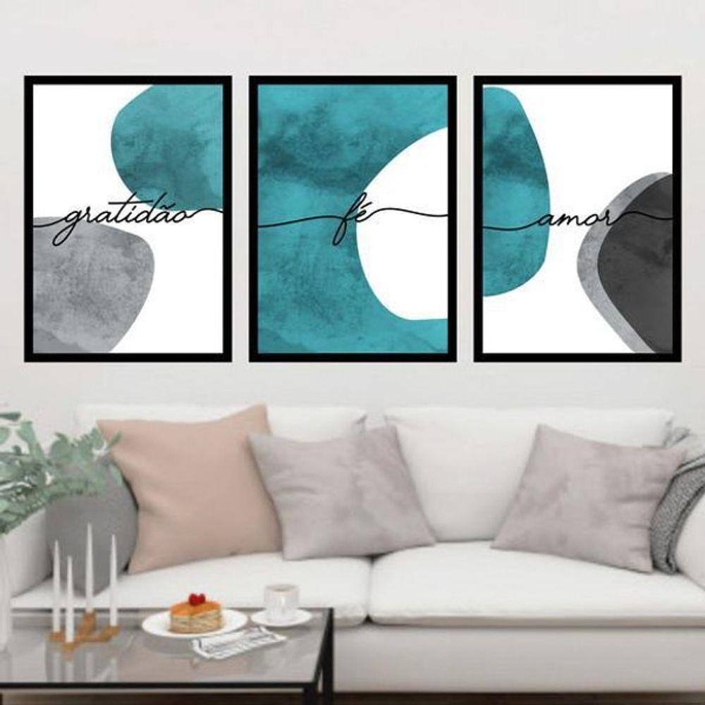 Kit Quadro Decorativo Gratidão Fé Amor Turquesa 45x34 3 Pçs