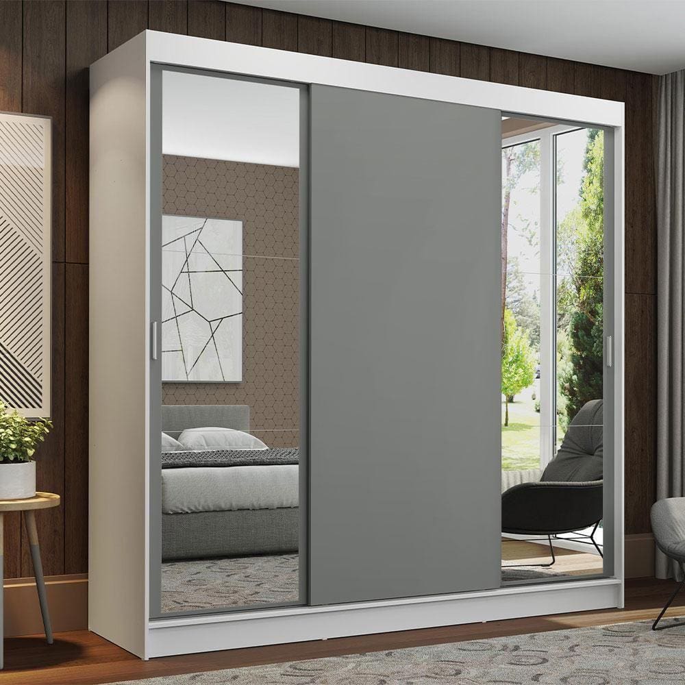 Guarda-Roupa Casal Madesa Reno 3 Portas de Correr com Espelhos - Branco/Cinza