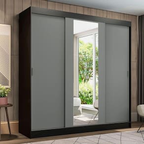 Guarda-Roupa Casal Madesa Reno 3 Portas de Correr com Espelho - Preto/Cinza