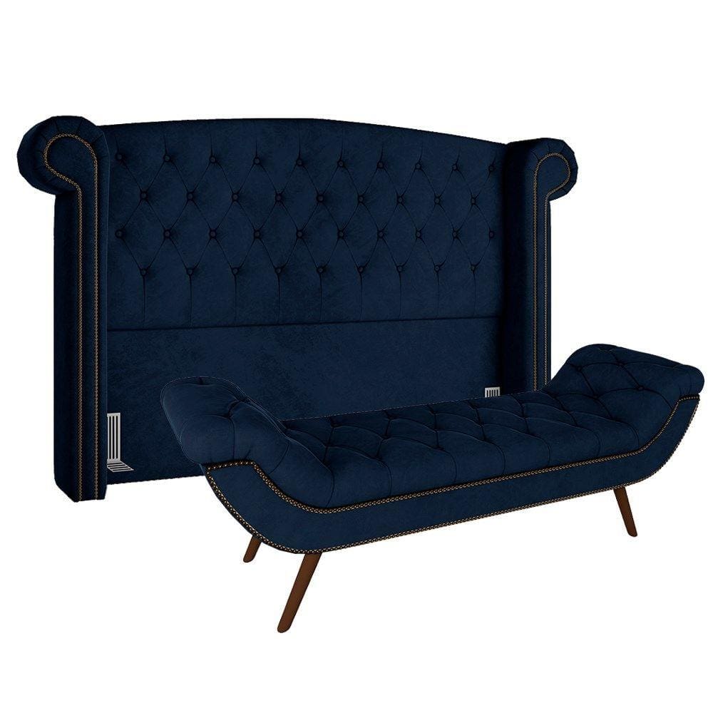 Cabeceira Cama Box Casal 140cm Provença com Calçadeira Vêneto P02 Veludo Azul Marinho - Mpozenato