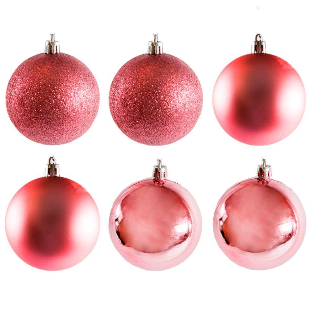 Kit Bolas de Natal Rose Mista para Arvore de Natal 6Pçs 7cm
