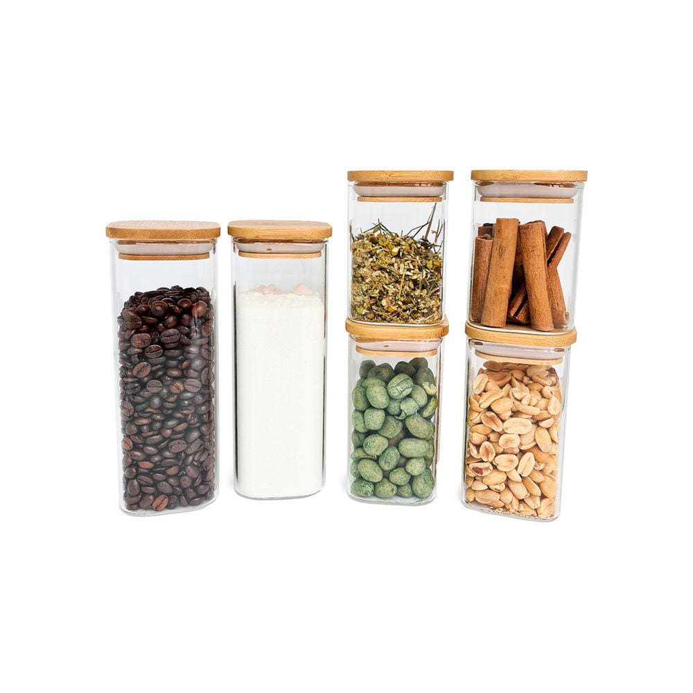 Potes De Mantimentos Quad 200/250/400Ml C/Tampa Bambu - 6 Pç