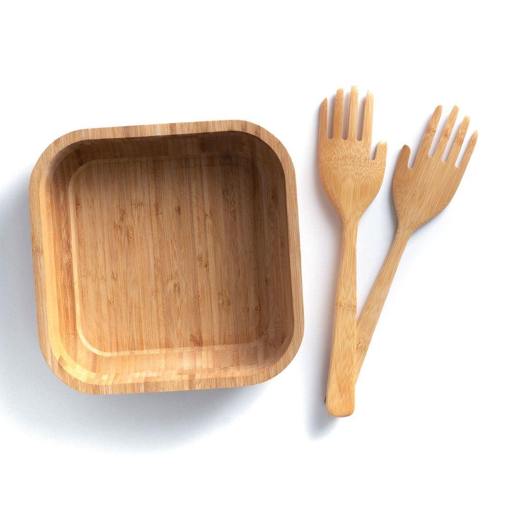Kit Bowl Quadrado De Bambu Com Pegador Mãozinha - 2Pçs