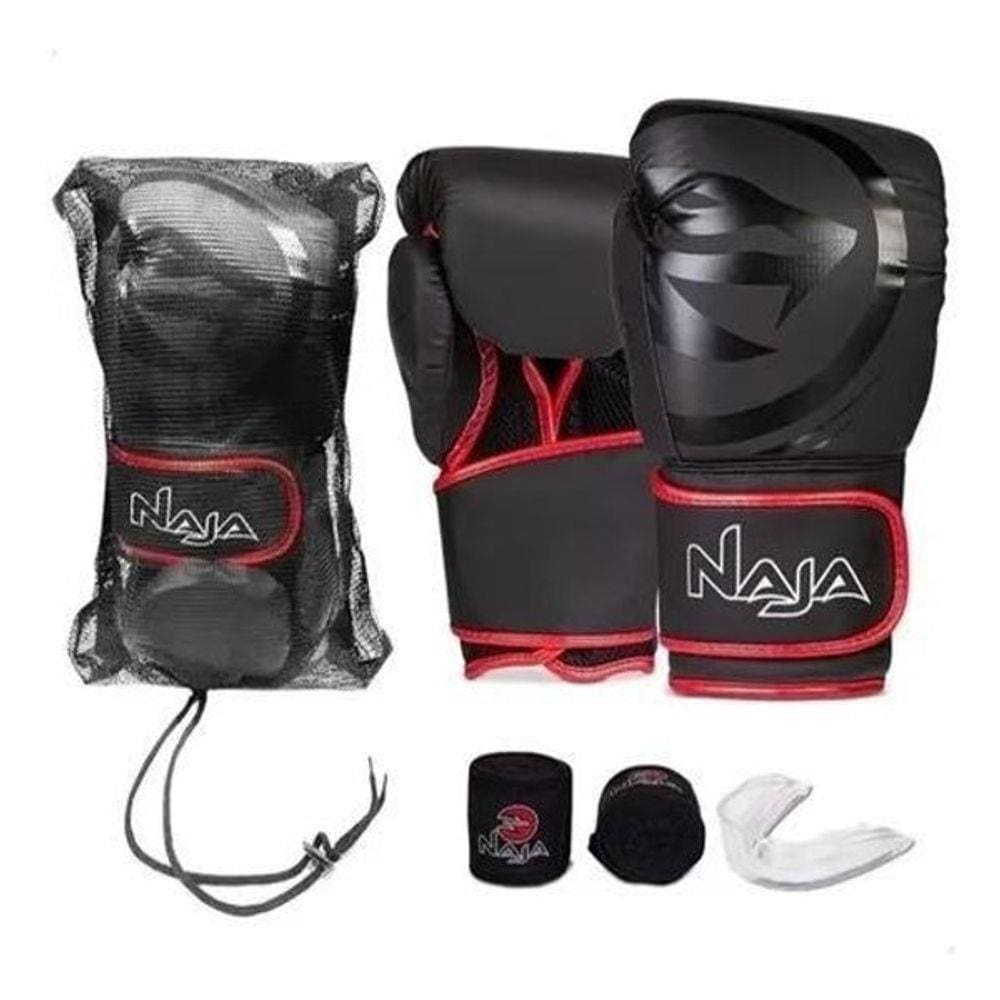 Kit Muay Thai Boxe Naja Luva Preta E Vermelha 12 Oz