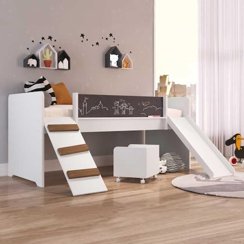 imagem-Cama Infantil Playground com Escorregador e Rampa By710 Branco - Completa Móveis