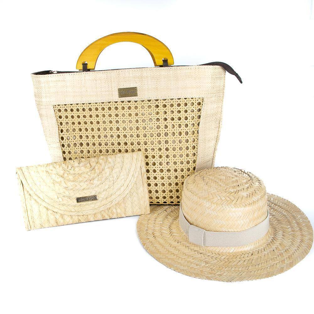 Kit Bolsa Chapéu Carteira Palha Feminina Praia Dia a Dia