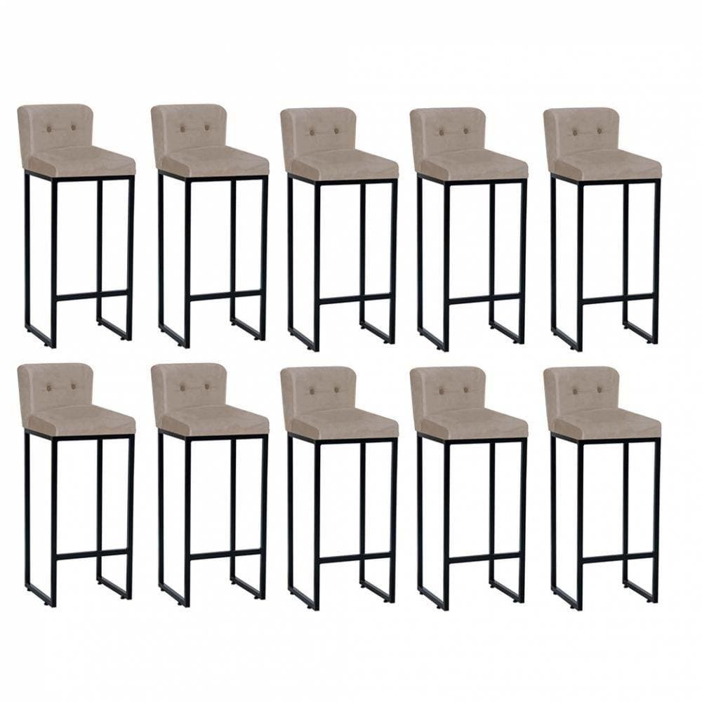 Kit 10 Banqueta Alta Preto Botão Bege