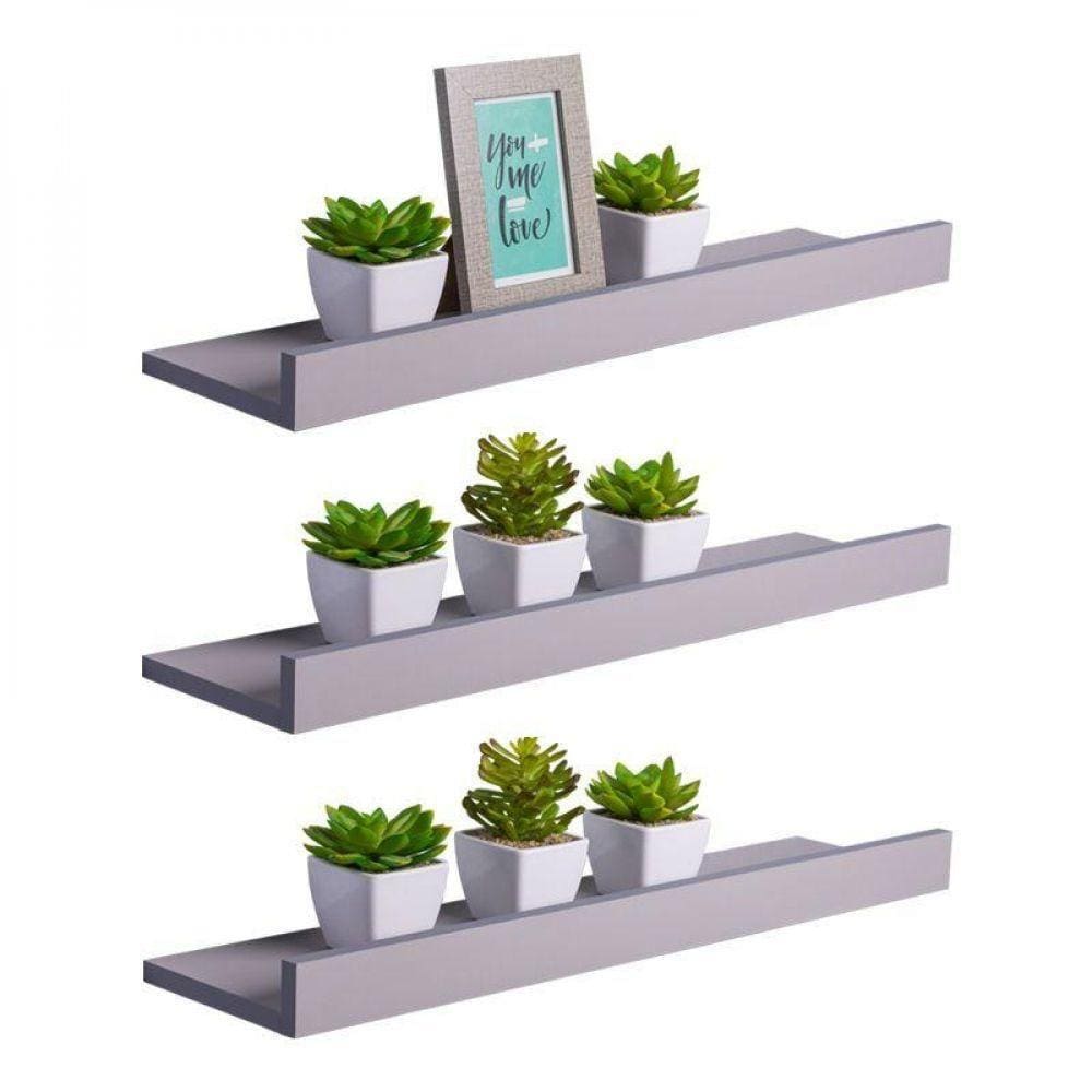 Kit 3 Prateleiras Porta Quadros 100 x 15cm Cinza Claro Invisível