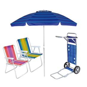 Kit Praia Guarda Sol 2m Carrinho Com Avanço Cadeira Alta Listrada De Alumínio - Mor